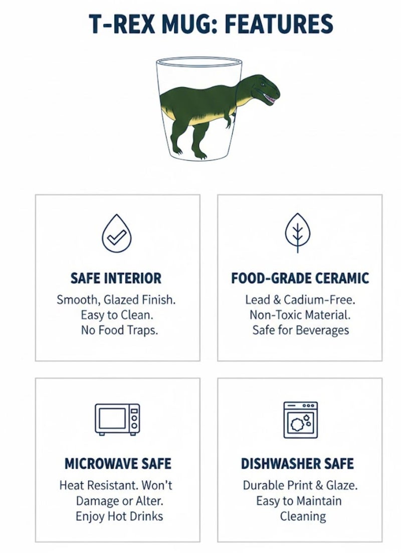 سولاري كوب قهوة سيراميك بمقبض ديناصور ثلاثي الأبعاد | كوب مبتكر بتصميم تي ريكس | كوب حيواني مصنوع يدويًا للشاي والقهوة | هدية فريدة للأطفال والكبار | أبيض | 350 مل - Image 5